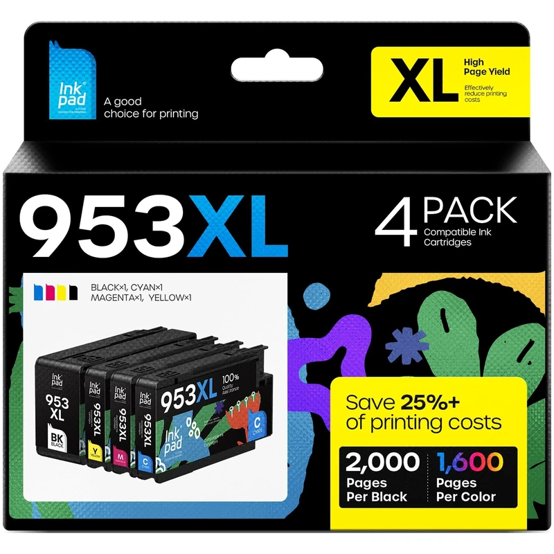 iNKPAD 953XL Ink Cartridges multipack Compatible with 953 HP 953XL Ink Cartridges with Chip for HP Officejet Pro 8210 7720 7730 7740 8710 8715 8720 8725 Printer (4-Pack, Black Cyan Magenta Yellow)