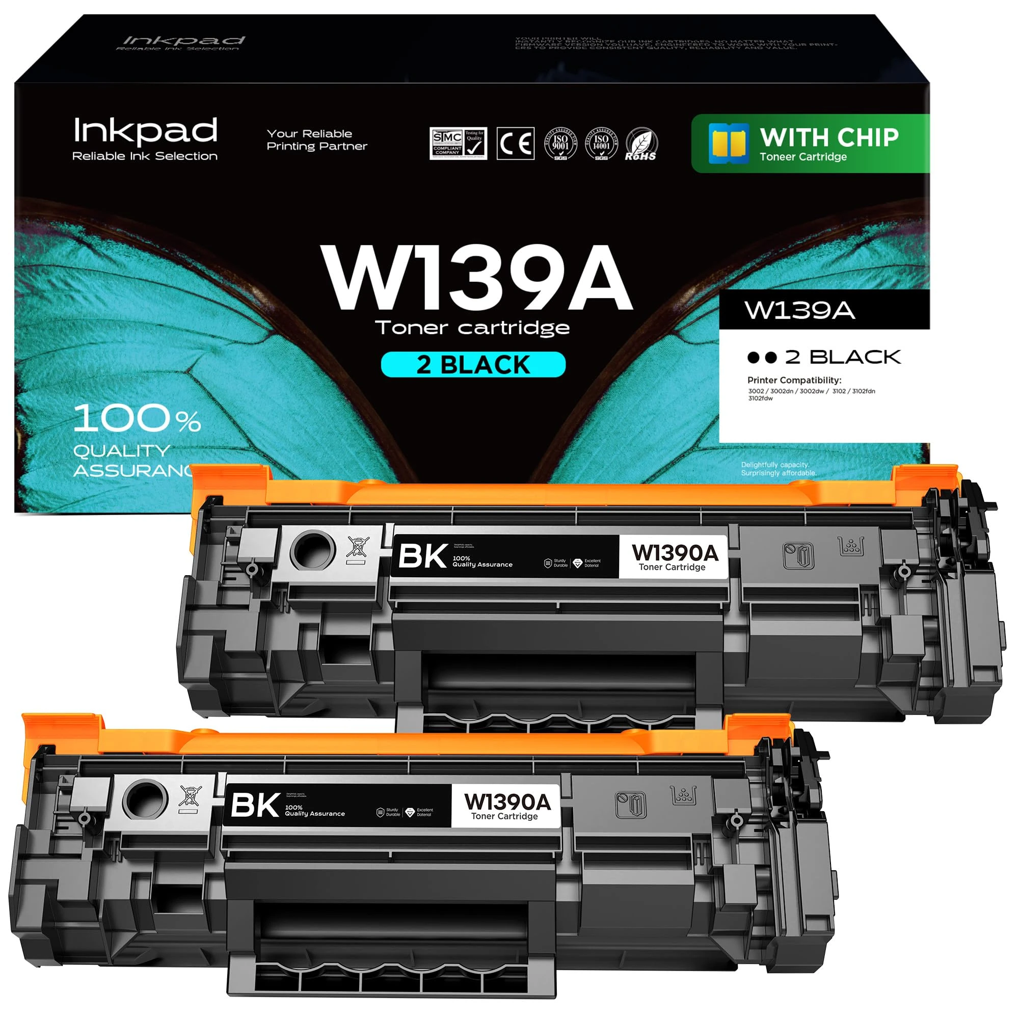 iNKPAD 139A W1390A Toner Cartridge (with Chip) Replacement for HP 139X 139A W1390A W1390X Toner Compatible for LaserJet Pro MFP 3102 3102FDN 3102FDW 3002 3002D 3002DW Printer (2 Black)