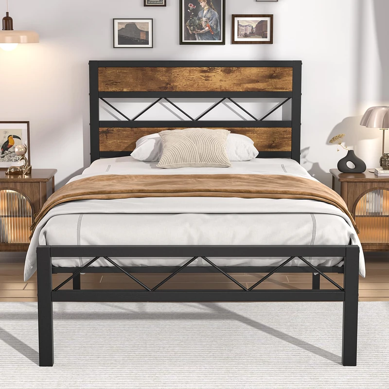 VECELO Single Bed Frame with Rustic Vintage Wooden Headboard, Heavy Duty Metal Slats Support, Platform Mattress Base No Box Spring Needed, No Noise, Easy Assembly