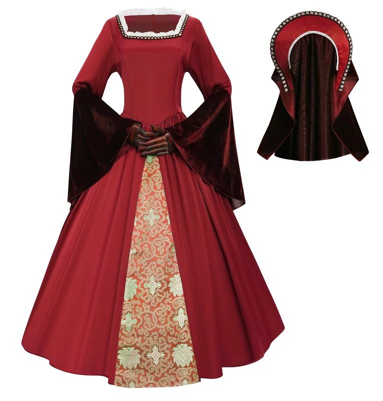 Mambabacosp Vintage Renaissance Tudor Anne Boleyn Costume Outfit Anne Boleyn Cosplay Dress, Red, Medium