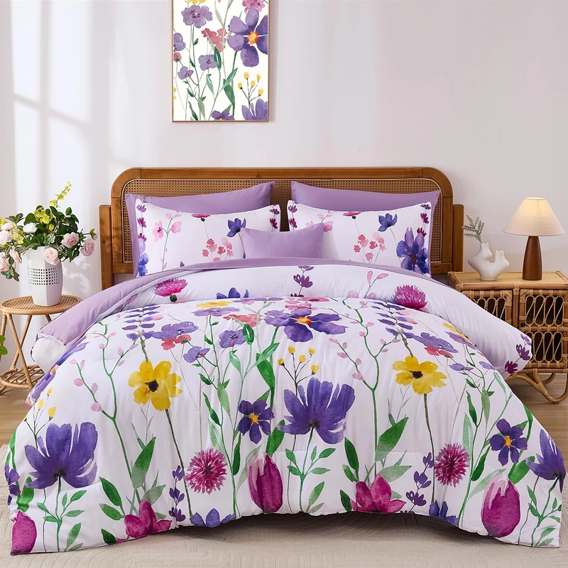 Annibedding Purple Floral Comforter Set King, 8 Pieces Botanical Flowers Bed in a Bag Reversible Comforter Set with Sheets, Soft Microfiber Complete Bed Set for All Season(90"x104")
