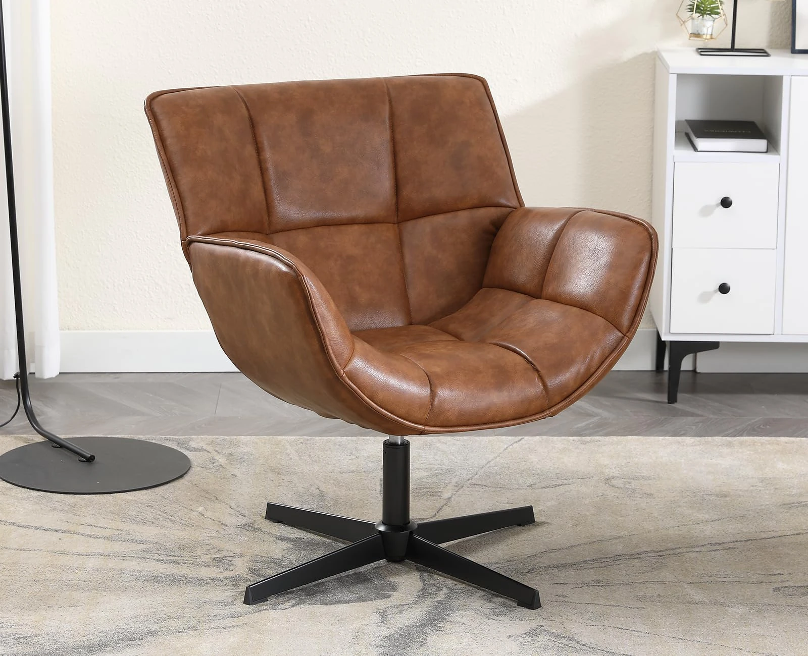 DAYALANE Swivel Leather Armchair, Modern Upholstered Accent Tub Chair Vanity Chair for Living Room Bedroom Makeup Lounge Brown