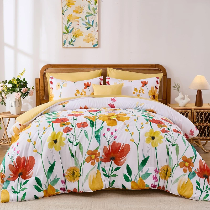 Annibedding Floral Comforter Set Queen Size, 8 Pieces Yellow Botanical Flower Bed in a Bag, Elegant Bright Floral Reversible Comforter, Soft Microfiber Bedding Set for All Season (90"x90")