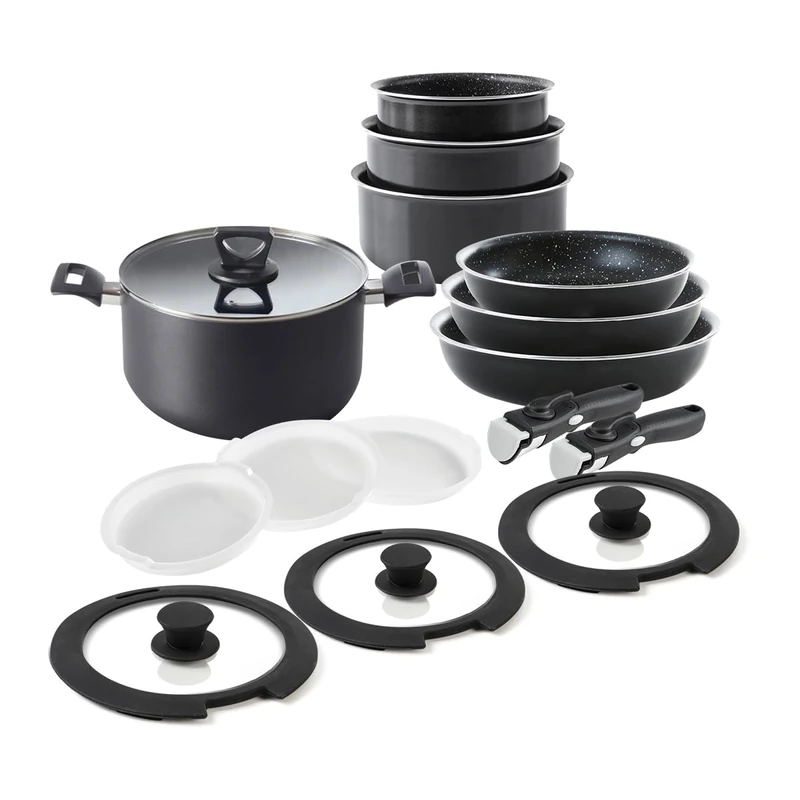 QDESIGN 16-Piece Cookware Set - Saucepans + Pans + Stock Pot + Airtight Lids + Removable Handles | Aluminium Non-Stick All Heat Sources/Induction, Dishwasher Safe, Black - Stackable