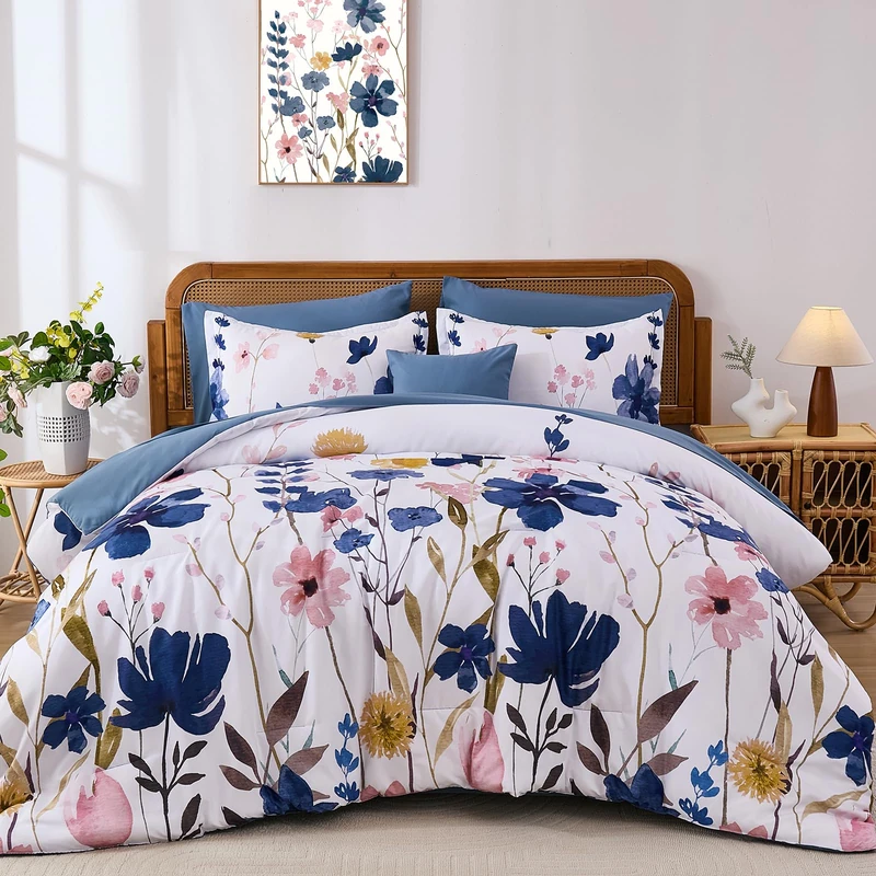 Blue Floral Comforter Set King Size, 8 Piece Botanical Flower Bed in a Bag, Reversible Design Comforter, Soft Microfiber Complete Bedding Sets for All Season (Blue,90"x104")