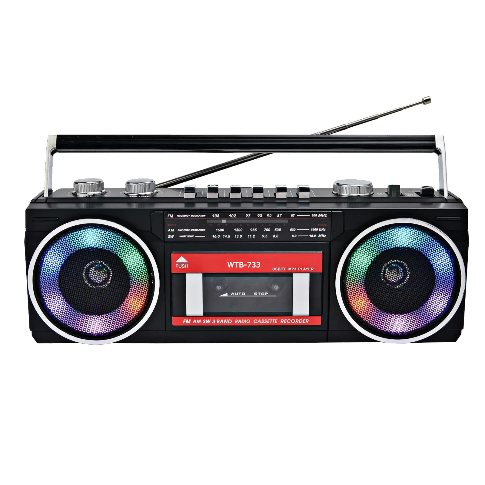 Retro Classic 80s Style Portable Boombox with Cassette Player Recorder, AM/FM/SW Radio, Bluetooth, USB/Micro SD Slots, Headphone Jack, 16W Dual Stereo Speakers