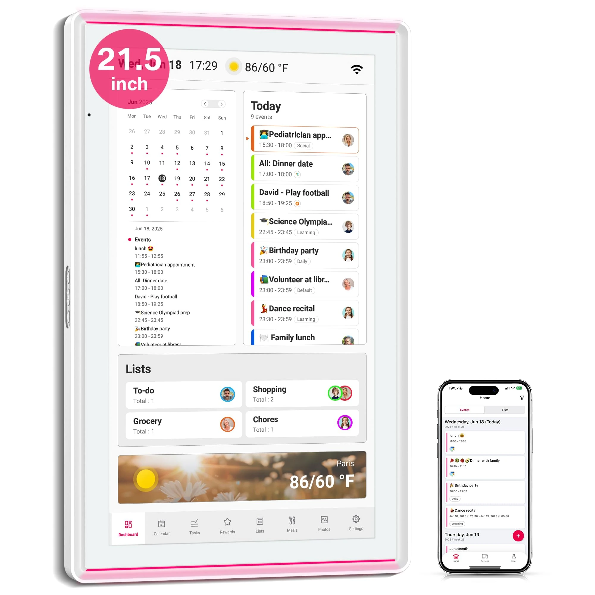 BIGASUO 21.5" Digital Calendar, Full HD Touchscreen Smart Planner for Family Schedules - Wall & Desk Mount, Great for Seamless Daily Planning & Household Organization, with LED Reminder Light