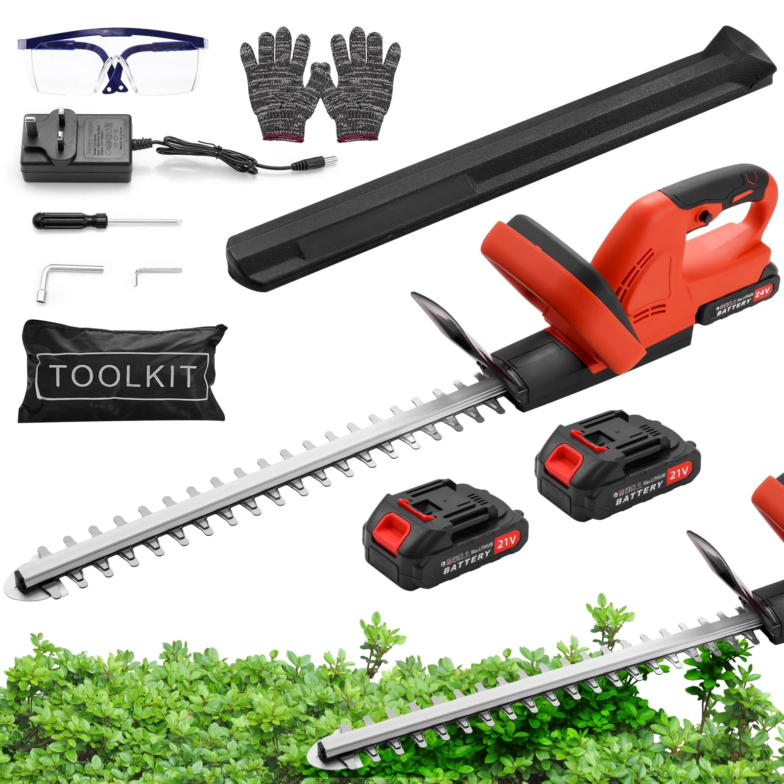 Cordless Hedge Trimmer Lightweight Hedge Cutters, 21V Electric Hedge Trimmer with 2*3000mAh Battery and Charger, 51cm Cutting Blade, Battery Hedge Trimmers for Trimming Hedges, Shrubs, Border Plants