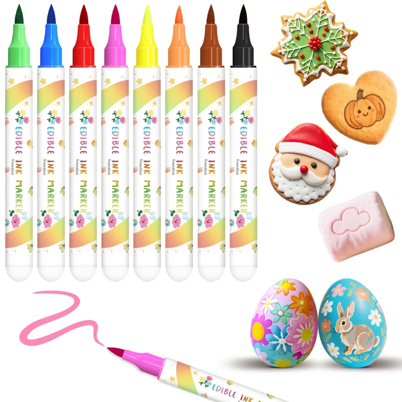 Food Colouring Pen, 8pcs Icing Pens Soft Brush Tip Edible Pen, Food Grade Gourmet Writer Decorator Pen, Edible Markers for Cakes, Cookies, Desserts, Fondant, Frosting, Easter Eggs