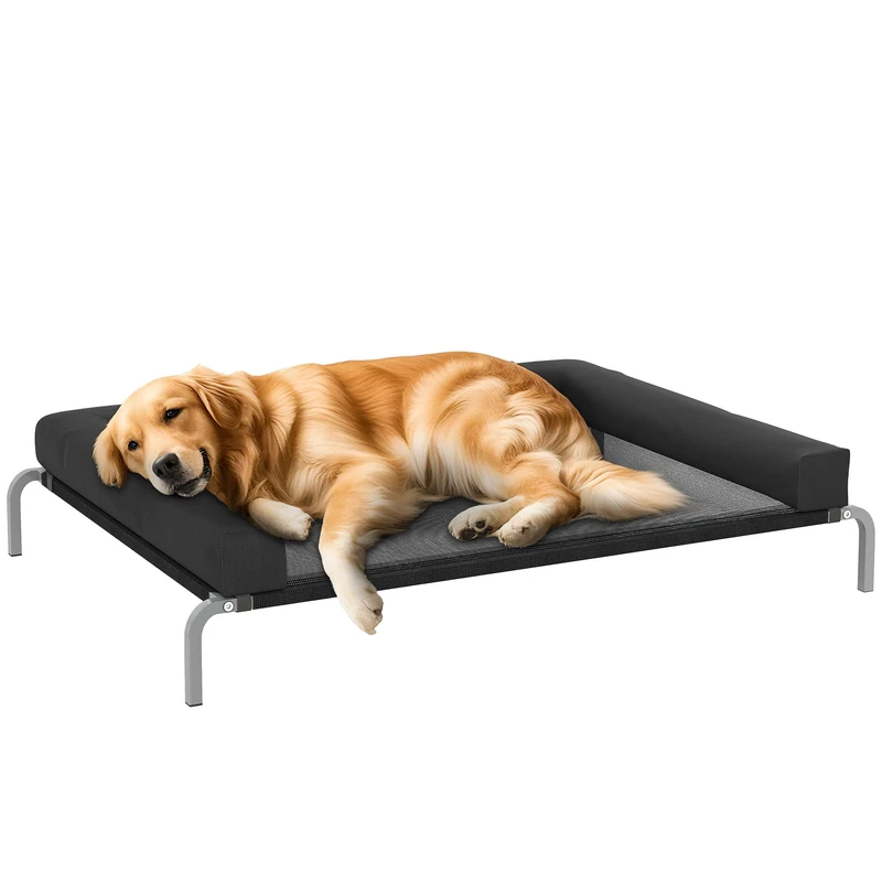 PawHut Cooling Elevated Dog Bed, Portable Indoor Outdoor Dog Bed with U-Shaped Pillow, Breathable Mesh Bite Resistant, 130 x 90 x 30 cm, Black - Image 1