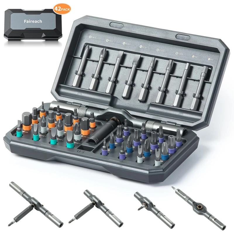 Faireach 42 in 1 Ratchet Screwdriver Set with Detachable T Handle, Magnetic Screwdrivers bits with Case, Multi Precision Repair Tool Kit for Furniture Electronics Cars Bicycle, DIY Free Combination