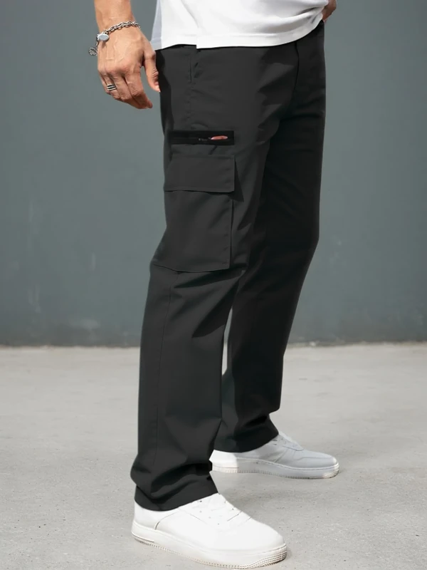 Men's Casual Cargo Pants - Lightweight Elastic Waist with Pockets Hiking Outdoor, Black, Small