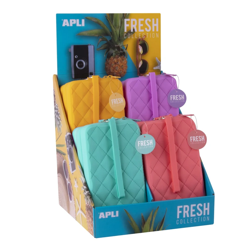 APLI 20405 - Display Box with 12 Rectangular Silicone Cases with Handle, Assorted Cheerful and Fresh Colors, Checkered Texture - Image 1