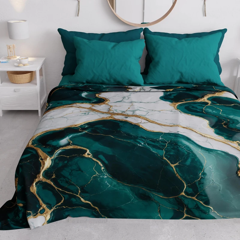 PETTI Artigiani Italiani - Double Bedspread Spring Summer Light Blanket Double Bed Sheet Teal Marble 100% Made in Italy