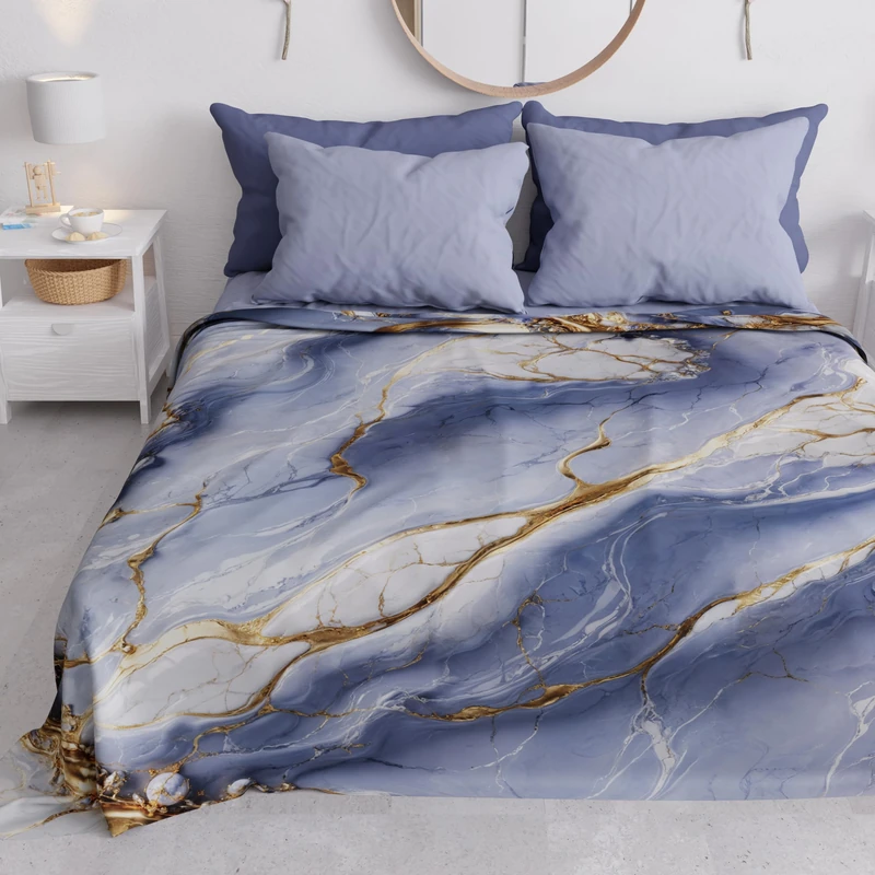 PETTI Artigiani Italiani - Spring-Summer Double Bed Bedspread Lightweight Blanket Double Bed Linen Indigo Marble 100% Made in Italy