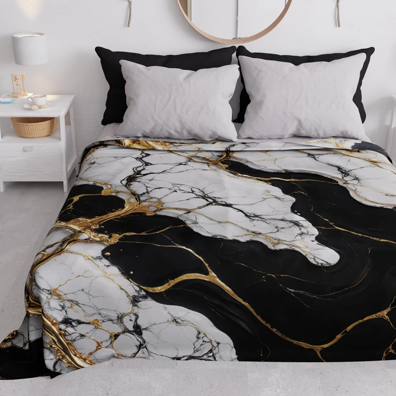 PETTI Artigiani Italiani - Spring-Summer Double Bed Bedspread Lightweight Blanket Double Bed Bed Sheets Black Marble 100% Made in Italy