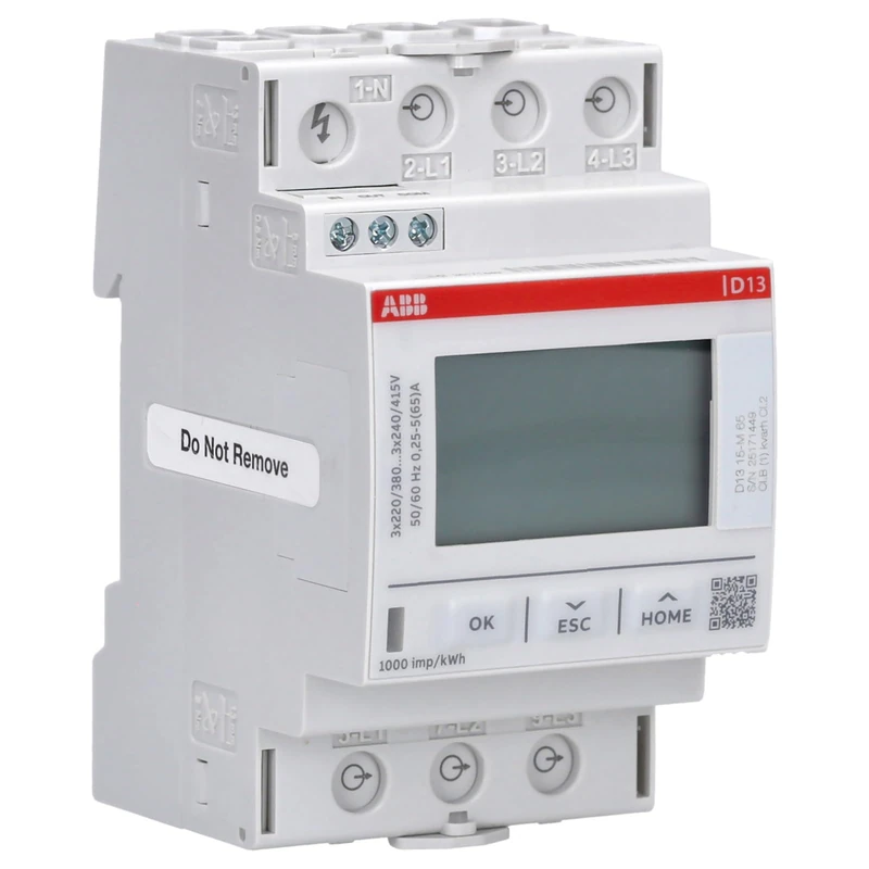 ABB Protecta Plus D13 15-M 65 Energy Meter • 3-Phase 65A Pulse Direct Connected • 4-Quadrant Metering • Multi-Tariff • 1 Digital in / 1 Digital Out • DIN Rail 3 Modules • 2CMA241695R1000 - Image 1