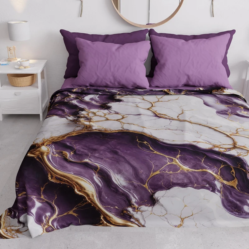 PETTI Artigiani Italiani - Double Bedspread Spring Summer Light Blanket Double Bed Sheet Marble Purple 100% Made in Italy