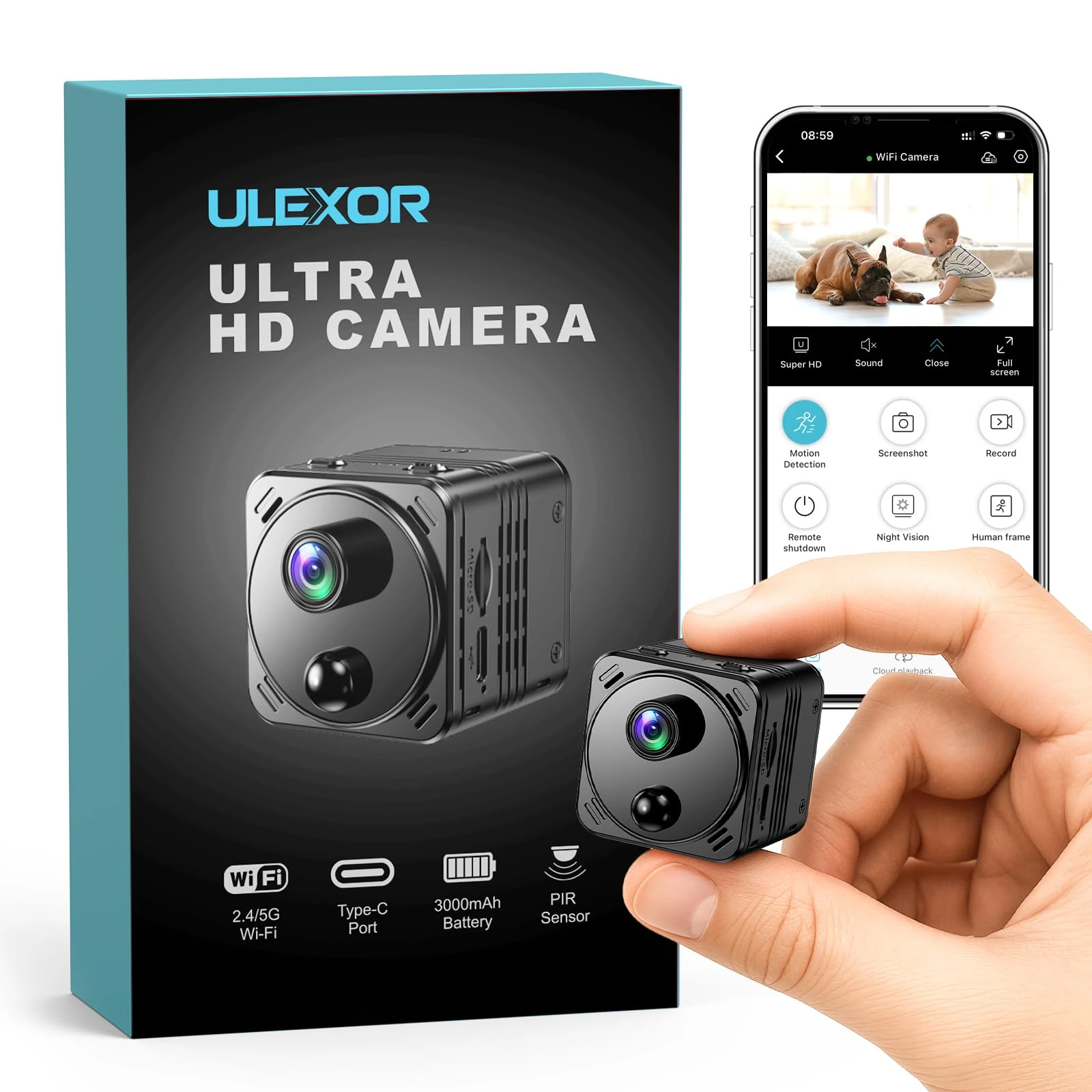ULEXOR 4K Mini Spy Hidden Camera 2.4G/5G WiFi Wireless Small Nanny Cam with Night Vision, AI Motion Detection, Cloud & SD Storage, Long Battery Life