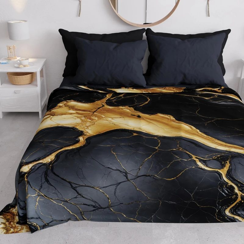 PETTI Artigiani Italiani - Spring-Summer Double Bed Bedspread Lightweight Blanket Double Bed Bed Sheets Black Gold Marble 100% Made in Italy