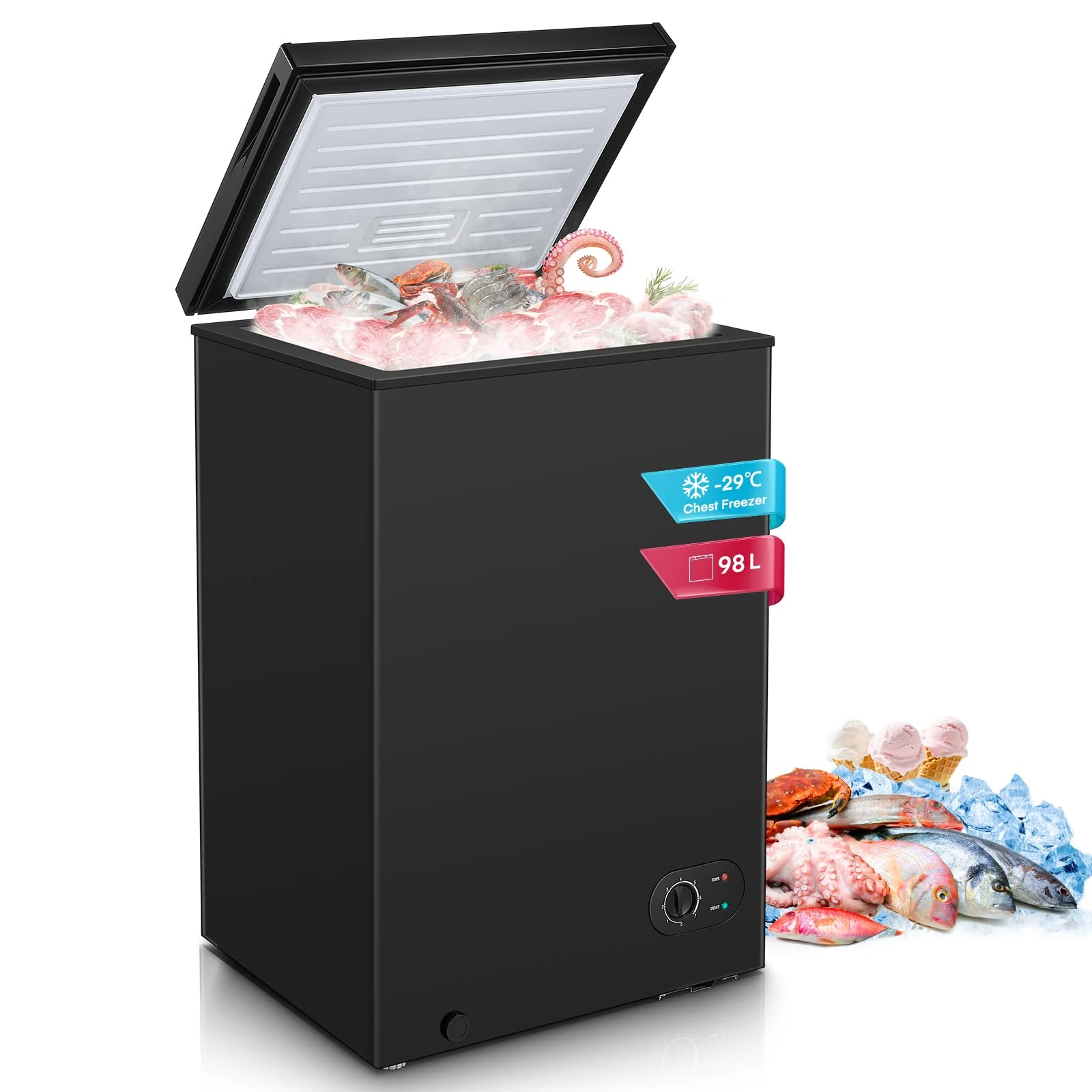 FOHERE Freestanding Chest Freezers 98L with Removable Storage Basket and Hovering Door, Thermostat Control, Suitable for Outbuildings, Garages and Sheds, 4* Freezer Rating, Black