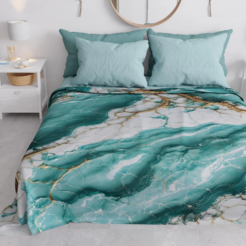 PETTI Artigiani Italiani - Double Bedspread Spring Summer Light Blanket Double Bed Sheet with Aquamarine Marble 100% Made in Italy