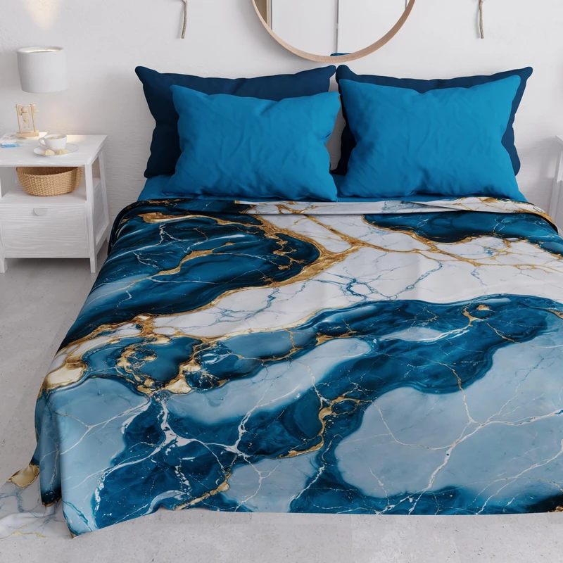 PETTI Artigiani Italiani - Double Bedspread Spring Summer Light Blanket Double Bed Sheet Marble Ocean Blue 100% Made in Italy