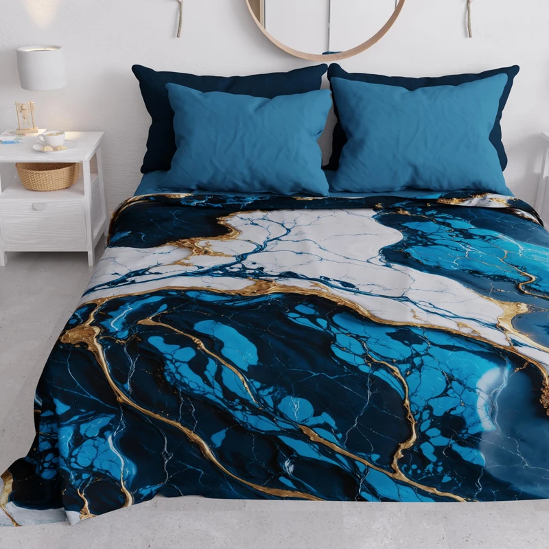 PETTI Artigiani Italiani - Spring-Summer Double Bedspread Light Blanket for Double Bed and Half Beds, Midnight Blue Marble, 100% Made in Italy