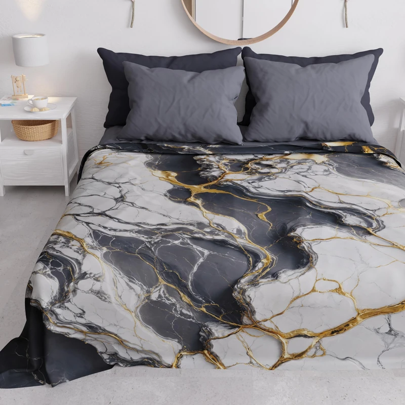 PETTI Artigiani Italiani - Double Bedspread Spring Summer Light Blanket Double Bed Sheet Dark Grey Marble 100% Made in Italy
