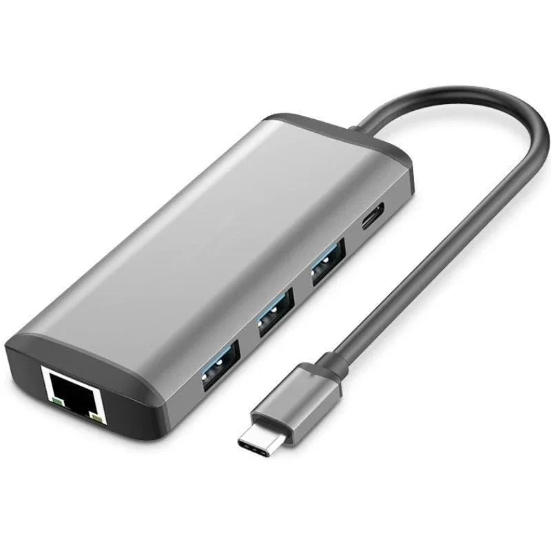 Docking Station - 8 Ports: 2 HDMI, 3 USB-A, USB-C PD, RJ45, Card Reader, Grey Design, Ideal for Extending Connectivity.