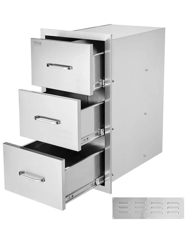VEVOR 18.5"W x 22.5"H x 22.5"D Triple Access Drawers, Stainless Steel Flush Mount Cabinets, BBQ Island Drawers Storage with Handle, for Outdoor Kitchens or Patio Grill Station