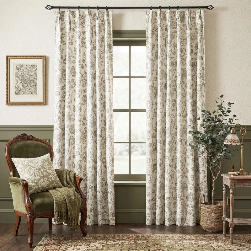 Taupe 108 Inch Length Paisley Floral Pinch Pleated Blackout Curtains for Living Room Bedroom