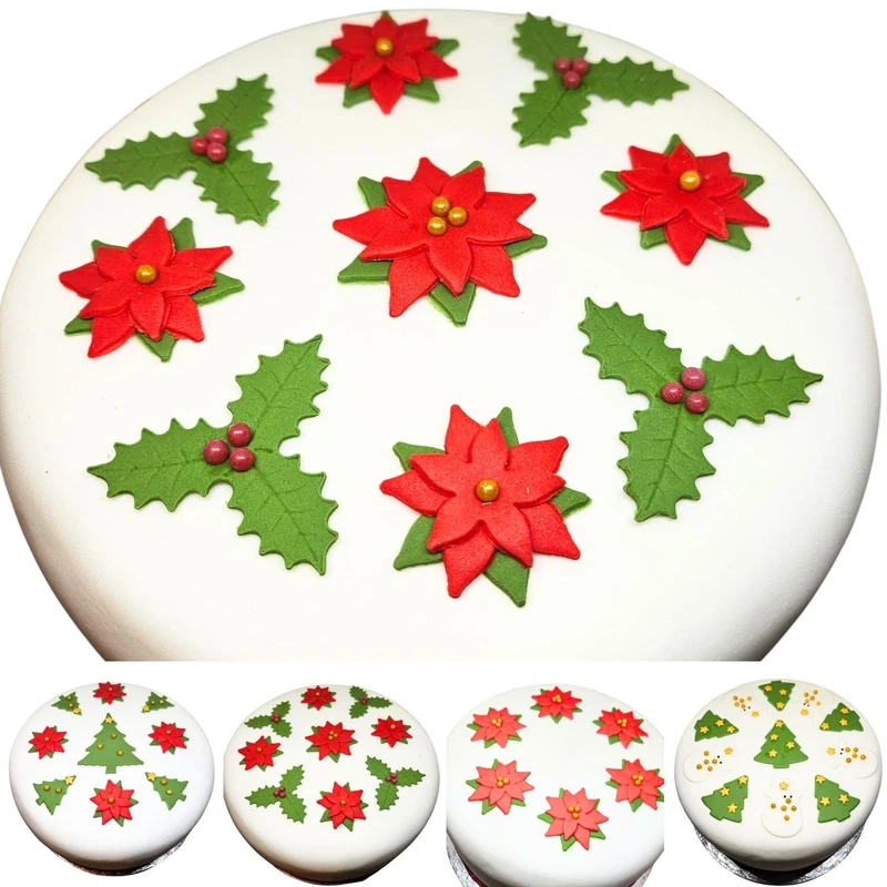 Christmas cake decorations edible poinsetta and sugar holly - 11 Styles to choose from (holly & poinsettia mix)