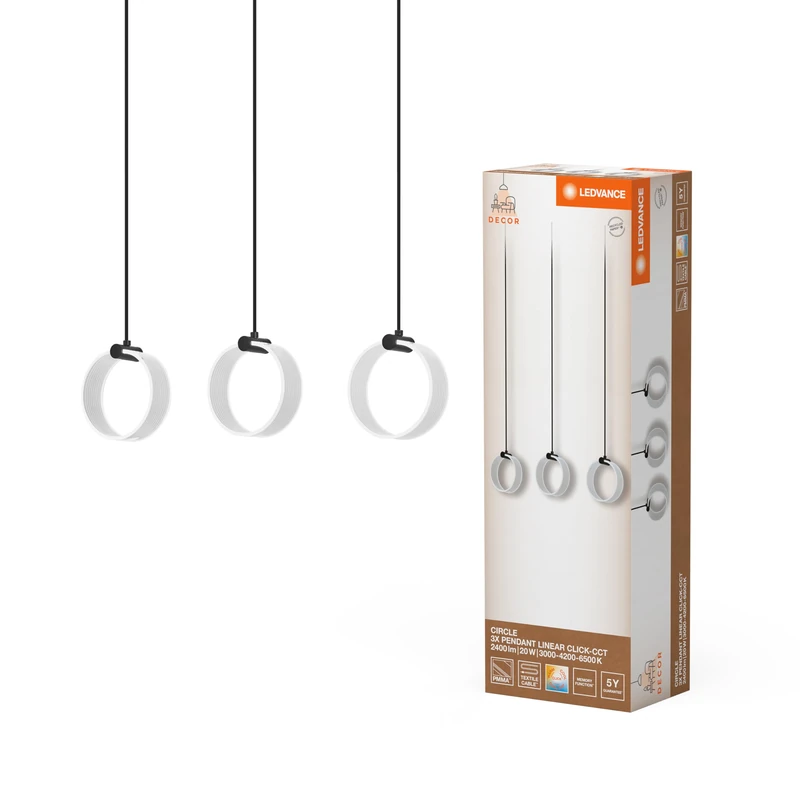 LEDVANCE Decor Circle Decorative Pendant Light, 3-Bulb, LN, 20W, 1300lm, 3000K/4200K/6500K, Warm White/Cold White/Daylight, Click-CCT Switch, IP20, Plastic, 4-Pack - Image 1