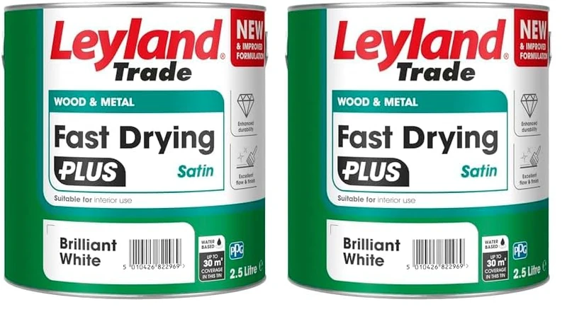 Leyland Trade – Wood & Metal - Fast Drying Plus - Satin - Brilliant White - Enhanced Durability – Excellent Flow & Professional Finish - 2.5L (Pack of 2)