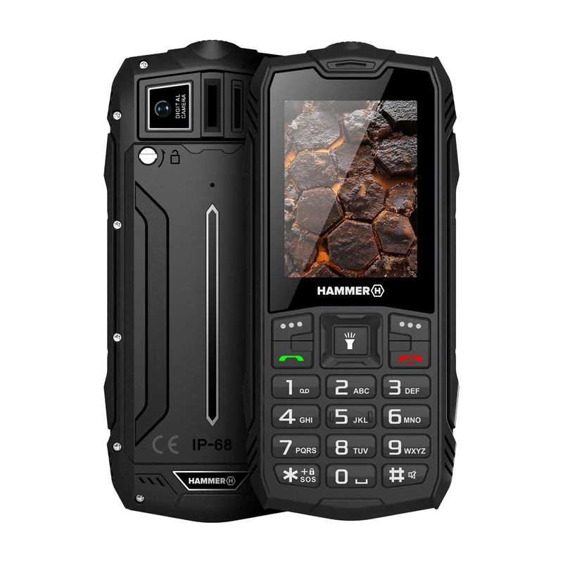Hammer H Rock LTE Rugged Phone Unlocked, 3000mAh Battery, 64GB, 2.4" IPS Display, Big Buttons, SOS Button, Torch, FM Radio, Bluetooth, USB-C, Dual SIM, IP68/MIL-STD-810H, Black