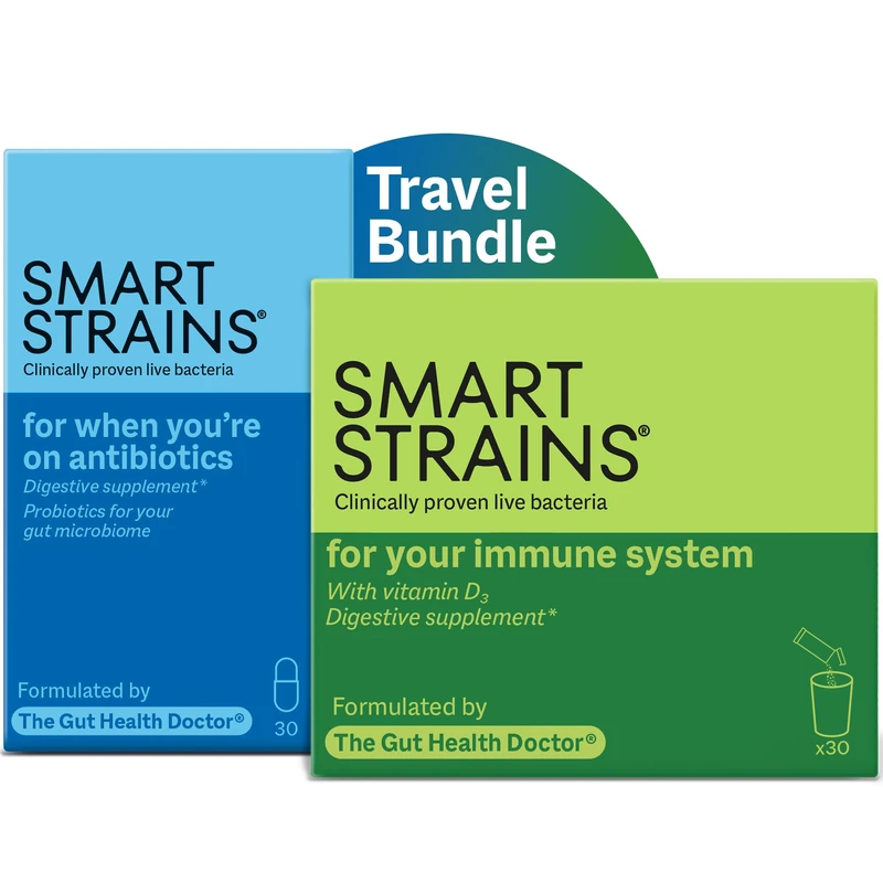 SMART STRAINS for Travel & Immunity Probiotics Bundle | Clinically Proven Bacterial Cultures | 20 Billion CFU + Vitamin D3 | Formulated by The Gut Health Doctor | 30 Caps & 30 Sachets