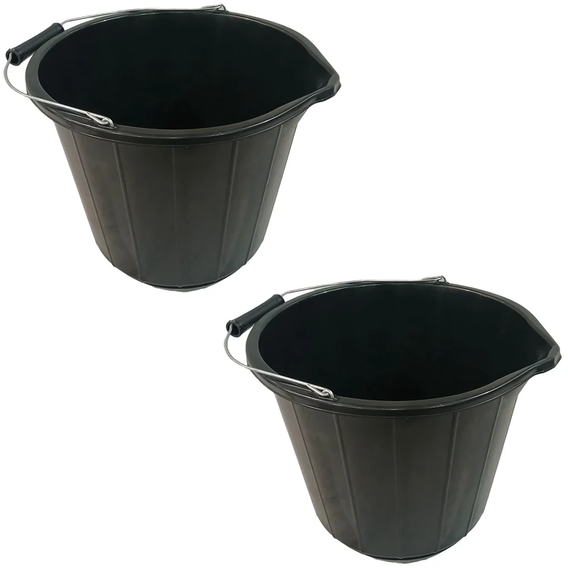 KAPCO 2 x 14L Heavy Duty Black Builders Buckets | Strong Metal Handle & Plastic Grip – Durable Plastic Bucket, Ideal for Mixing, DIY, Gardening, Car Washing, Animal Feeding & Water Storage (3 Gallons)