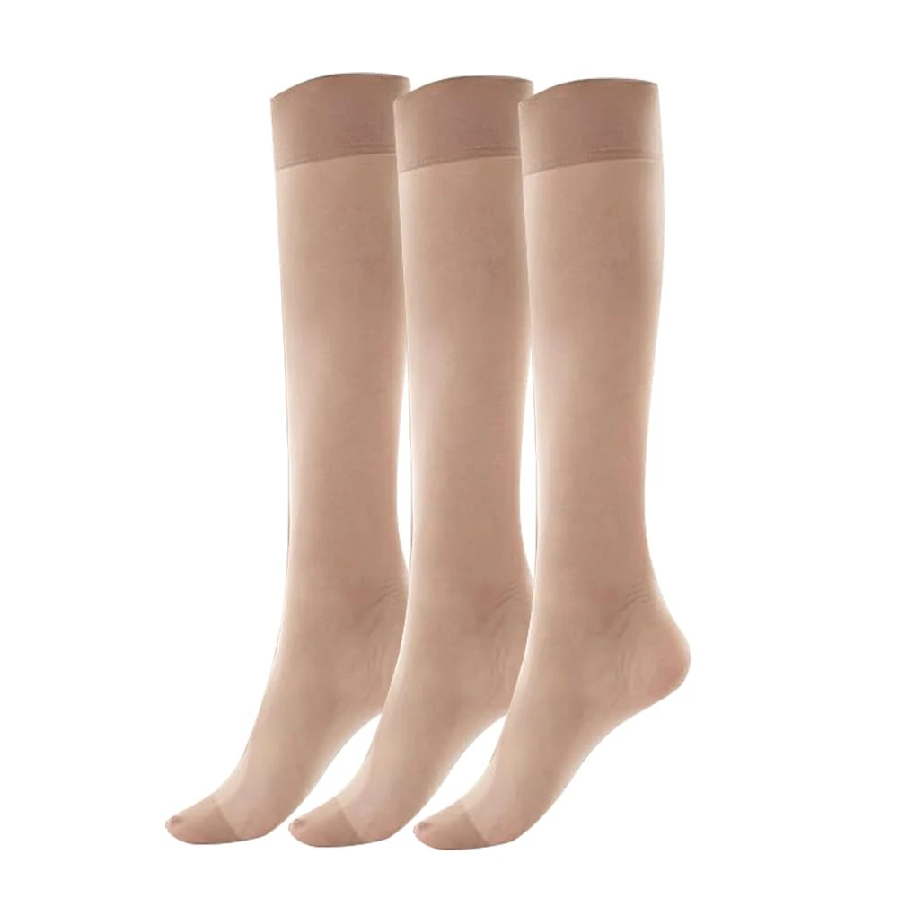 3 Pairs Knee High Stockings for Women, 20 Denier Nylon Sheer Socks with Reinforced Toes Black Nude One Size, Beige, One size