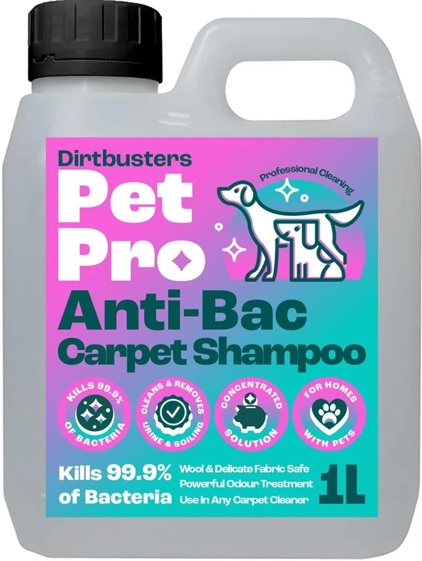 Dirtbusters Pet Pro Antibacterial Carpet Cleaner Shampoo (1L) Formula Kills 99.99% of Bacteria – Removes Pet Odours, Urine & Stains – Safe On Wool, Professional Carpet Cleaning Solution