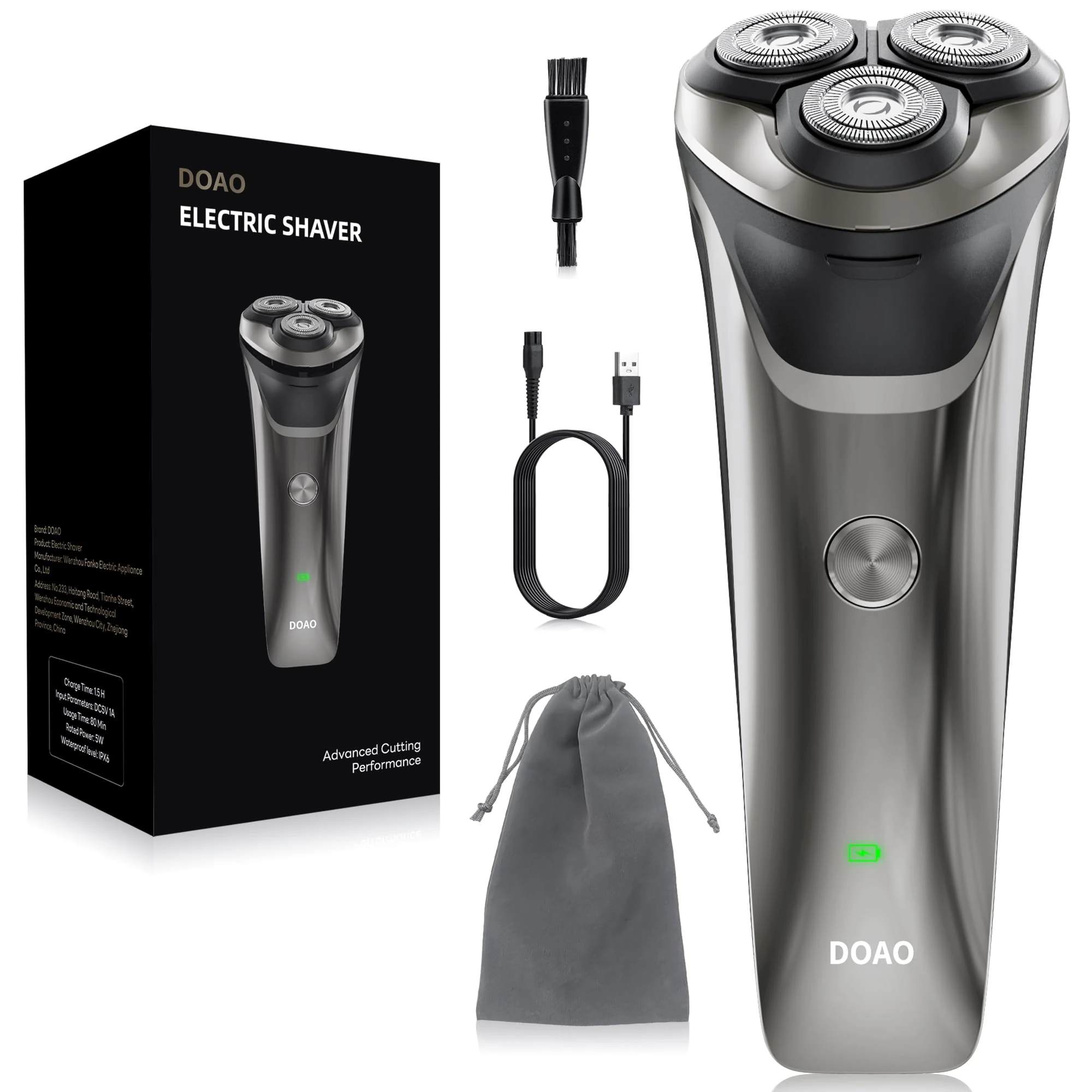 DOAO Electric Razor for Men, 100% Waterproof, Gentle on Sensitive Skin, Wet & Dry Rotary Electric Shavers for Men, Pop-up Beard Trimmer, 120 Min Shaving, 1.5H Fast Charge, Ergonomic Men's Shaver