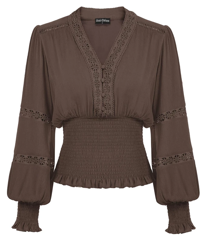 Scarlet Darkness Women's Renaissance Peasant Blouse V Neck Lantern Sleeve Lace Smocked Tops, Chocolate, S