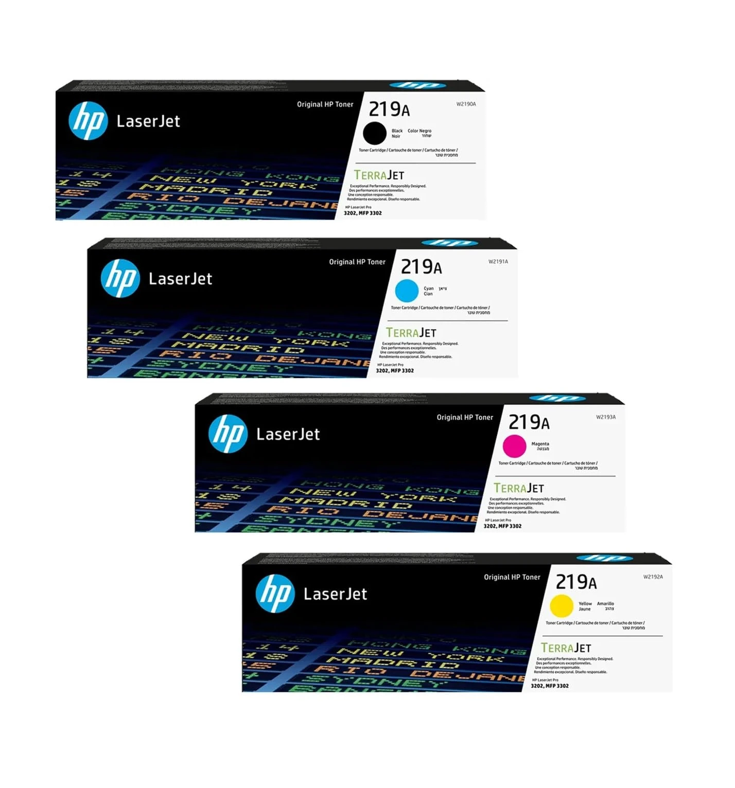 HP Original 219A Black, Cyan, Magenta, Yellow Toner Cartridges Set Multipack in original Box with Hologram, compatible with: Color Laserjet Pro 3202, MFP 3302