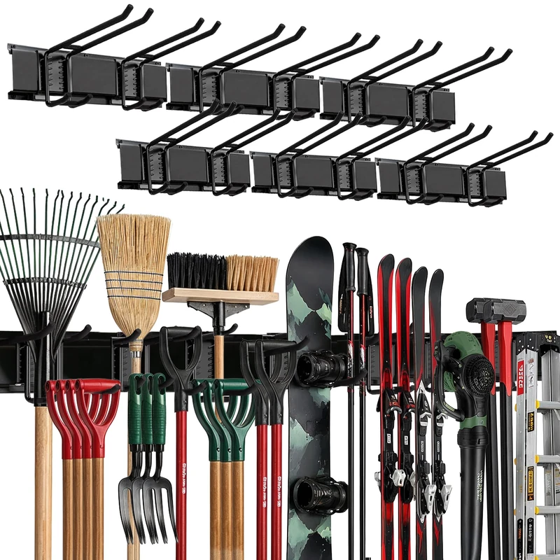 Garage Wall Organizer | 96" Heavy-Duty Tool Storage Rack | Adjustable Double-Layer Hooks | 600 lbs Capacity | Carbon Steel Wall Mount Holder for Shovels, Rakes, Ladders & Power Tools