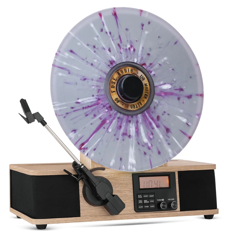 Fuse Wrap Vertical Record Player with Bult In Album Cover Holder - Mid-Century Modern Vinyl Player with Built-in Speakers & Bluetooth - FM Radio Home Audio Turntable for 12in Vinyl Records & 45rpm