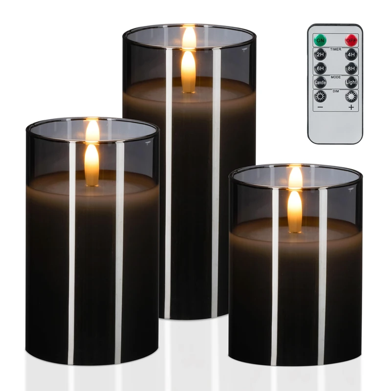 Relaxdays LED Candles in Glass, Set of 3, Remote Control, Timer, Flickering Flame, Real Wax, Pillar Style, Grey