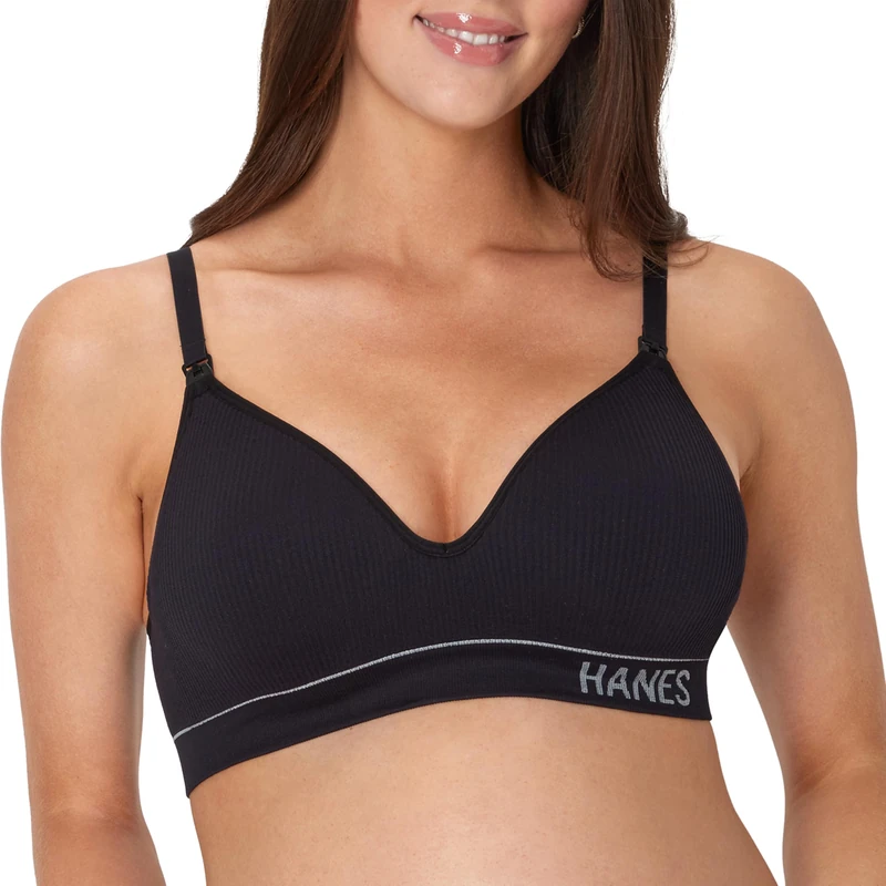 Hanes Maternity Bra, Seamless Wireless Nursing Bralette for Women, Adjustable Straps, Black, XL
