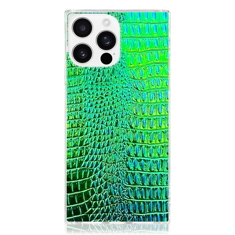 Flaunt Official Square Protective Case - Compatible with iPhone 16 Pro - Compatible with MagSafe & Wireless Charging - Drop-Tested & Shockproof - (Green Iridescent Crocodile Faux Leather)