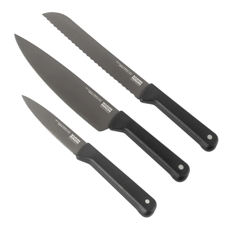 Kuhn Rikon Iced Essential Knife 3-Piece Set with Chef's, Bread and Paring Knife. Crafted from Ice Hardened German Stainless Steel. Corrosion Resistant. - Image 1