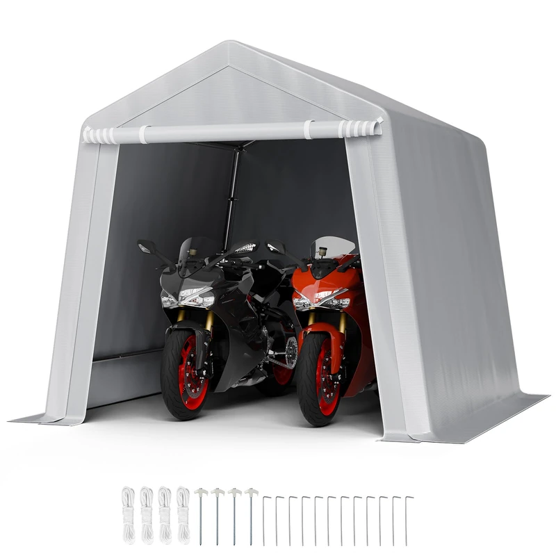 VEVOR Outdoor Storage Shed, 8 x 8 ft Portable Storage Tent with Roll-up Door & Vents, Waterproof Canopy Shed Shelter, Heavy Duty Frame, Patio Garage Carport for Motorcycle, Lawn Mower, Bike, Grey